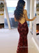 Sparkly Burgundy Tulle Appliques Long Evening Prom Dresses, Mermaid Spaghetti Straps Prom Dress, GR0259