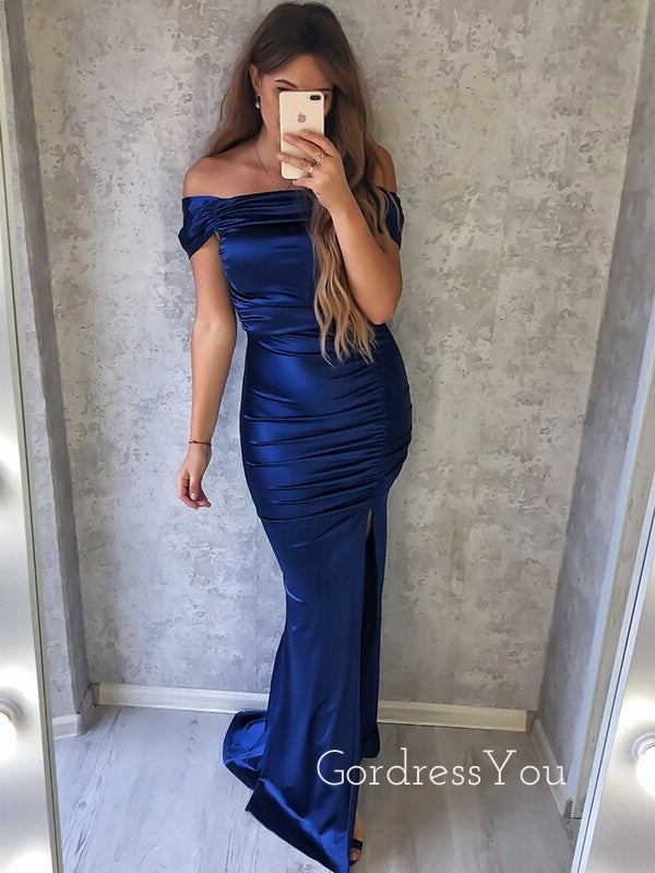 Blue Satin Mermaid Side Slit Long Evening Prom Dresses, Off Shoulder Prom Dress, GR0264