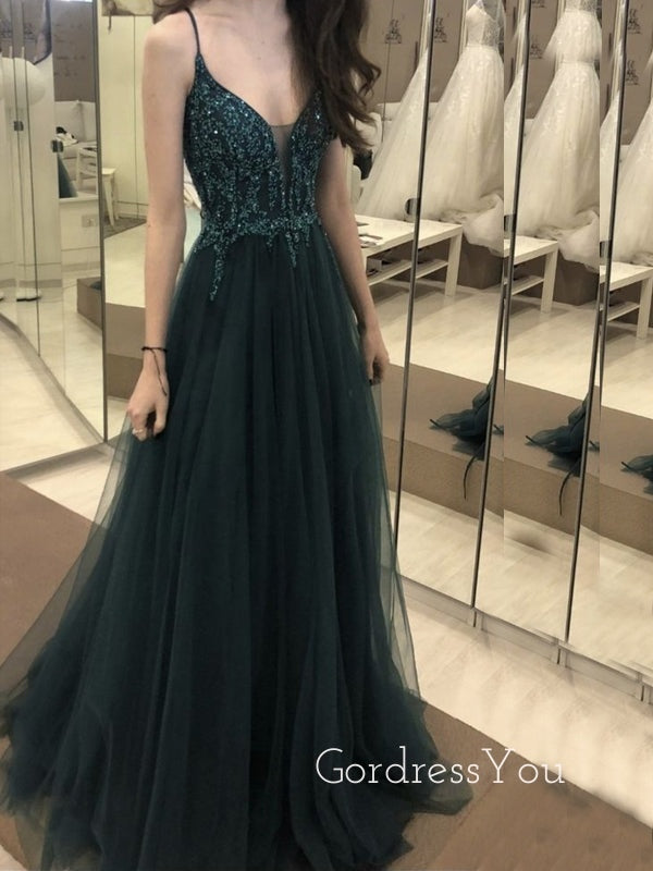 Formal A-line Dark Green Tulle Beaded Long Evening Prom Dresses, V-neck Prom Dress, GR0266