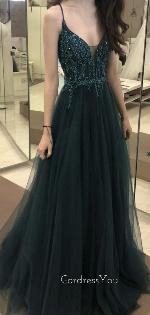 Formal A-line Dark Green Tulle Beaded Long Evening Prom Dresses, V-neck Prom Dress, GR0266