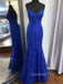 V-neck Blue Lace Mermaid Spaghetti Straps Long Evening Prom Dresses, GR0267