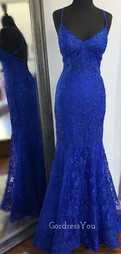 V-neck Blue Lace Mermaid Spaghetti Straps Long Evening Prom Dresses, GR0267