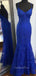 V-neck Blue Lace Mermaid Spaghetti Straps Long Evening Prom Dresses, GR0267