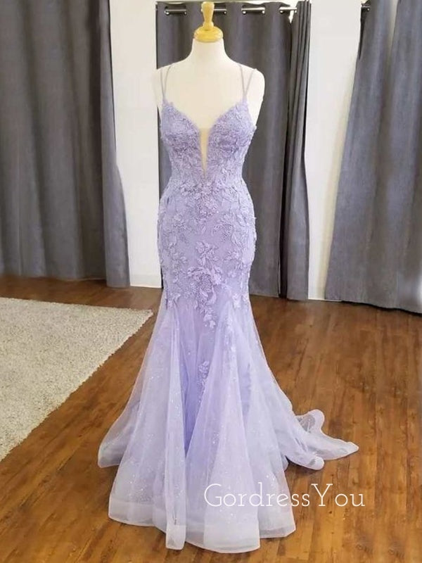 Popular Lilac Tulle Appliques Mermaid V-neck Long Evening Prom Dresses, Spaghetti Straps Prom Dress, GR0268