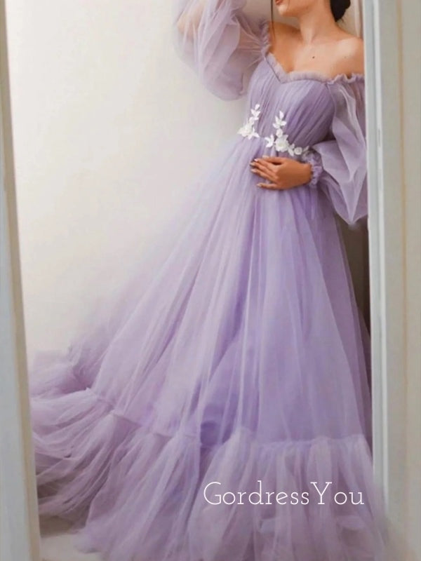 Off Shoulder Purple Tulle Long Sleeves Long Evening Prom Dresses, A-line Prom Dress, GR0269