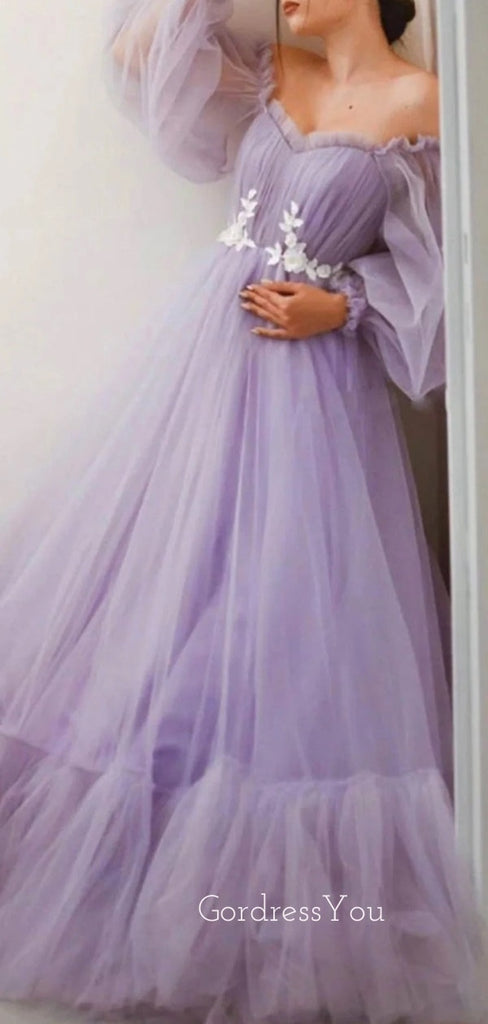 Off Shoulder Purple Tulle Long Sleeves Long Evening Prom Dresses, A-line Prom Dress, GR0269