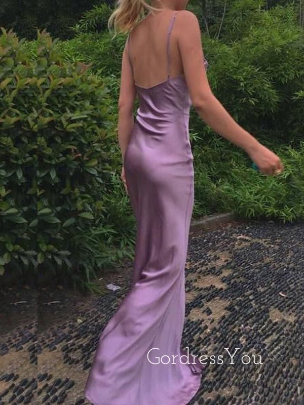 Sexy Purple Satin Mermaid Spaghetti Straps Long Evening Prom Dresses, GR0271