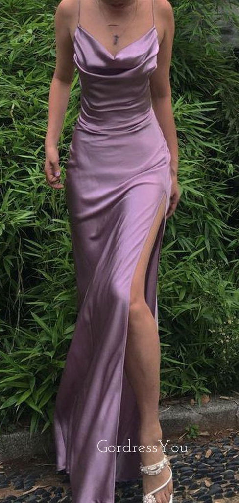 Sexy Purple Satin Mermaid Spaghetti Straps Long Evening Prom Dresses, GR0271