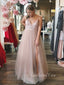 Deep V-neck Tulle Appliques A-line Long Evening Prom Dresses, Side Slit Prom Dress, GR0272