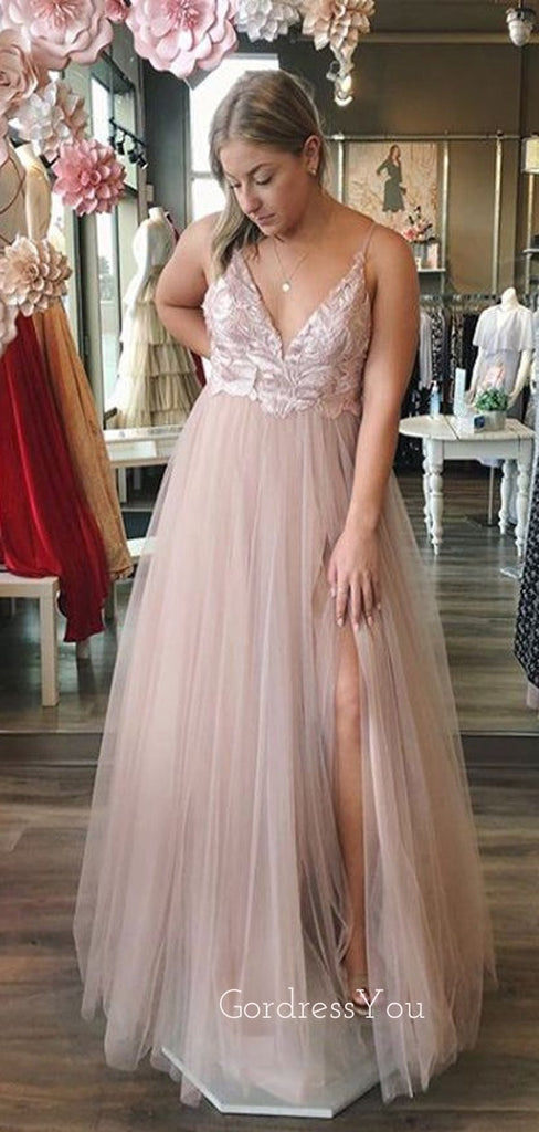 Deep V-neck Tulle Appliques A-line Long Evening Prom Dresses, Side Slit Prom Dress, GR0272