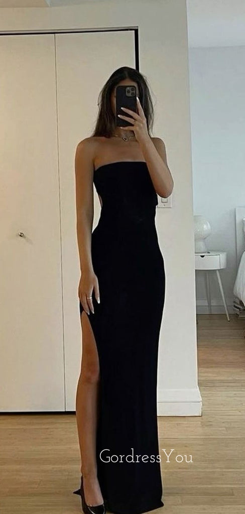 Strapless Black Mermaid Side Slit Long Evening Prom Dresses, Backless Prom Dress, GR0273