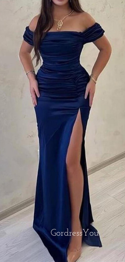 Morden Off Shoulder Mermaid Satin Side Slit Long Evening Prom Dresses, GR0274