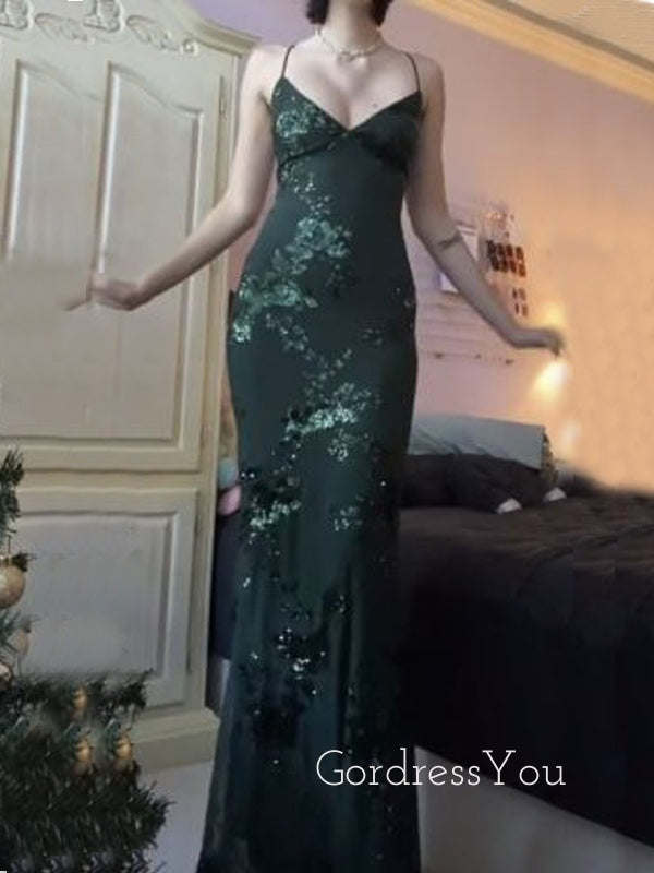 Dark Green Mermaid V-neck Long Evening Prom Dresses, Spaghetti Straps Appliques Prom Dress, GR0276