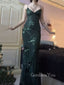 Dark Green Mermaid V-neck Long Evening Prom Dresses, Spaghetti Straps Appliques Prom Dress, GR0276