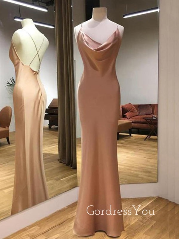 Elegant Rose Gold Satin Spaghetti Straps Mermaid Long Evening Prom Dresses, GR0279