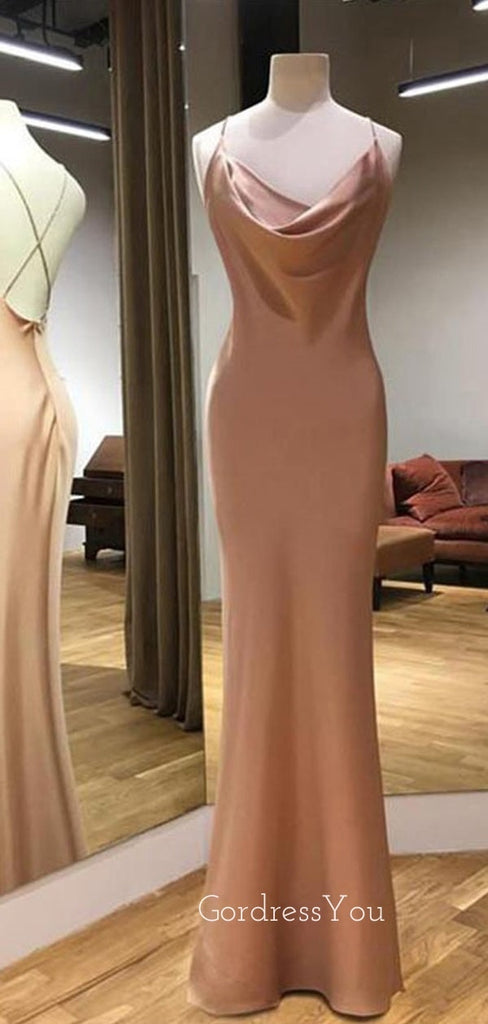 Elegant Rose Gold Satin Spaghetti Straps Mermaid Long Evening Prom Dresses, GR0279