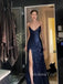 Popular Navy Blue Sequins Mermadi Spaghetti Straps Long Evening Prom Dresses, V-neck Prom Dress, GR0280