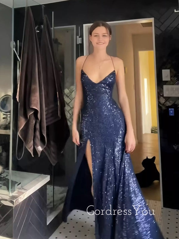 Popular Navy Blue Sequins Mermadi Spaghetti Straps Long Evening Prom Dresses, V-neck Prom Dress, GR0280