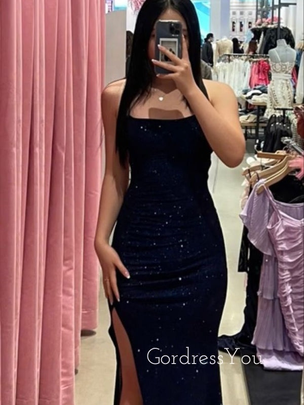 Gorgeous Navy Blue Sequins Mermadi Side Slit Long Evening Prom Dresses, GR0282