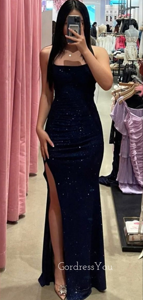 Gorgeous Navy Blue Sequins Mermadi Side Slit Long Evening Prom Dresses, GR0282