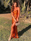 Unique Burnt Orange Satin Mermaid Spaghetti Straps Long Evening Prom Dresses, High Slit prom Dress, GR0283