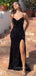 Black Sequins Sparkly Mermaid Spaghetti Straps Long Evening Prom Dresses, Side Slit Prom Dress, GR0284