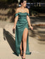 Simple Green Satin Mermaid Off Shoulder Long Evening Prom Dresses, GR0286