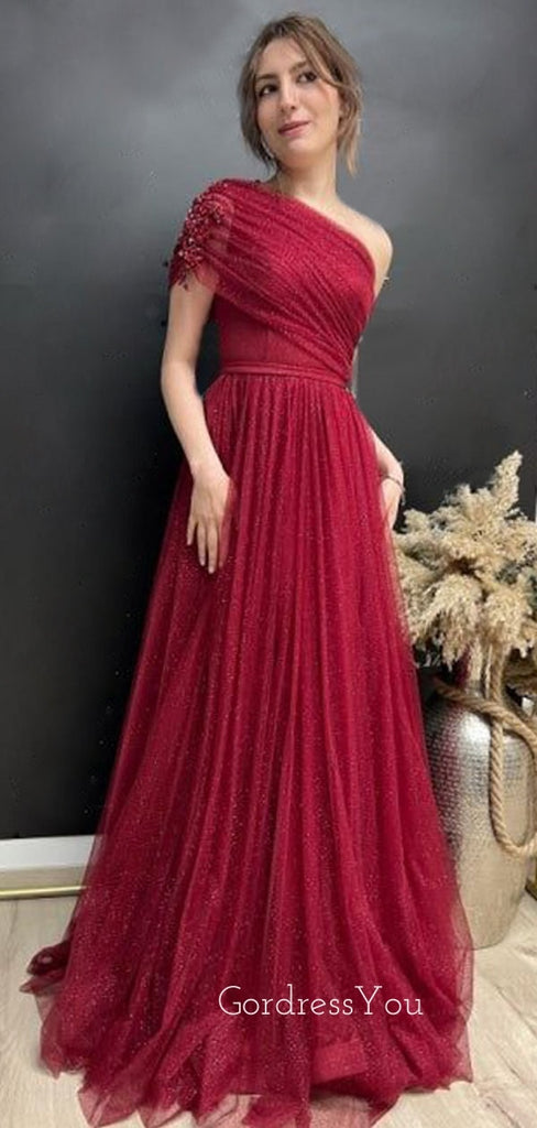 Sparkly Red Tulle A-line Long Evening Prom Dresses, One Shoulder Prom Dress, GR0288