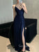 Dark Navy Sequins Sparkly Mermaid Spaghetti Straps Long Evening Prom Dresses, GR0293