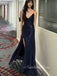 Dark Navy Sequins Sparkly Mermaid Spaghetti Straps Long Evening Prom Dresses, GR0293