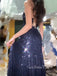 Dark Navy Sequins Sparkly Mermaid Spaghetti Straps Long Evening Prom Dresses, GR0293