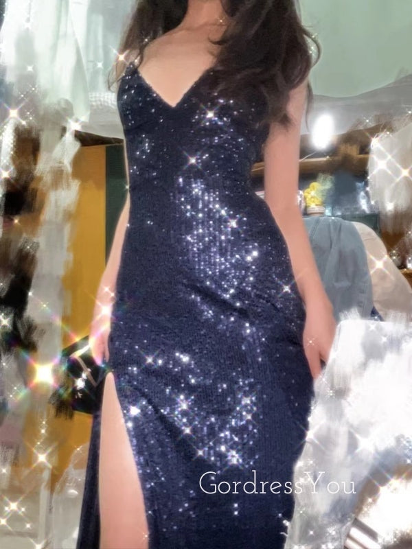 Dark Navy Sequins Sparkly Mermaid Spaghetti Straps Long Evening Prom Dresses, GR0293