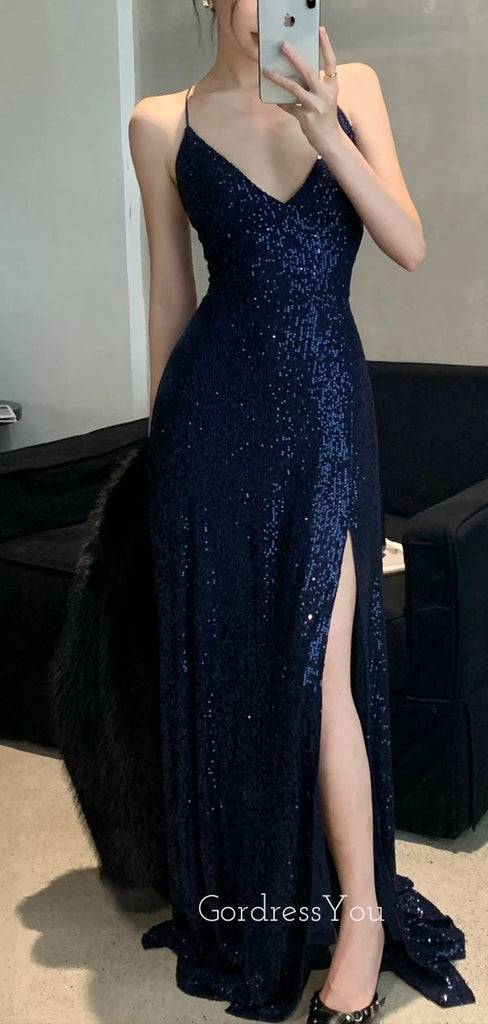 Dark Navy Sequins Sparkly Mermaid Spaghetti Straps Long Evening Prom Dresses, GR0293