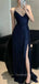 Dark Navy Sequins Sparkly Mermaid Spaghetti Straps Long Evening Prom Dresses, GR0293