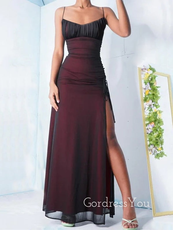 High Slit Spaghetti Straps Black Red Long Evening Prom Dresses, Mermaid Prom Dress, GR0295