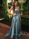 Dusty Blue Satin A-line Long Evening Prom Dresses, Strapless Custom Prom Dress, GR0296