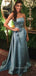 Dusty Blue Satin A-line Long Evening Prom Dresses, Strapless Custom Prom Dress, GR0296