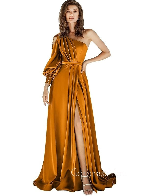 Burnt Orange Satin A-line Long Evening Prom Dresses, One Shoulder Prom Dress, GR0298