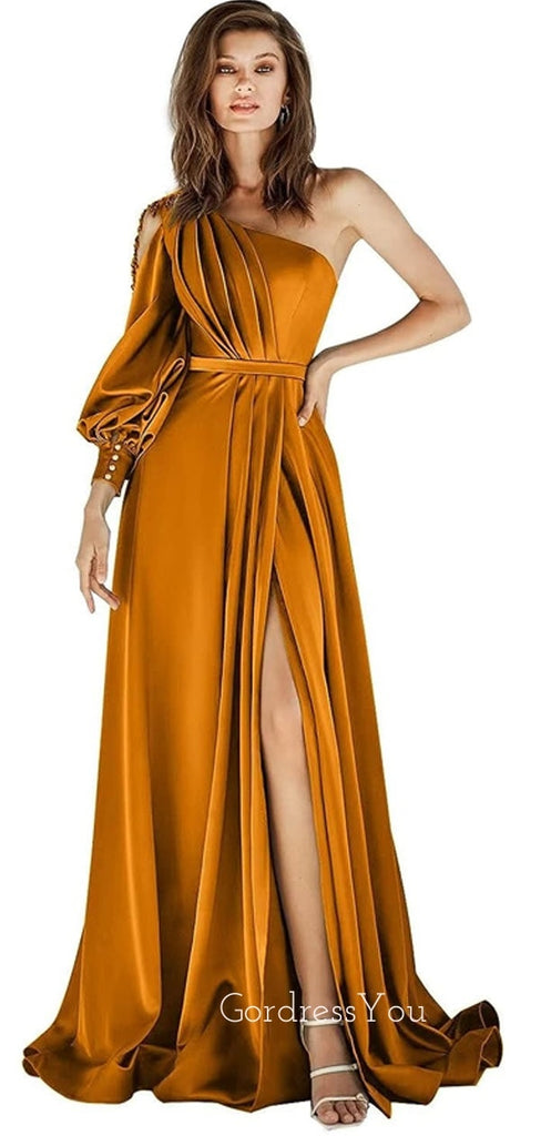 Burnt Orange Satin A-line Long Evening Prom Dresses, One Shoulder Prom Dress, GR0298