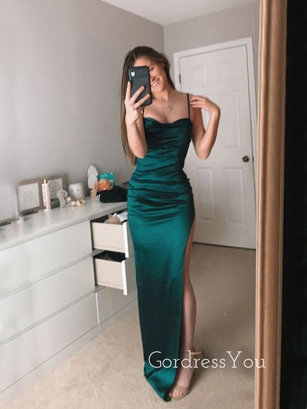 Spaghetti Straps Dark Green Satin Long Evening Prom Dresses, Mermaid High Slit Prom Dress, GR0299