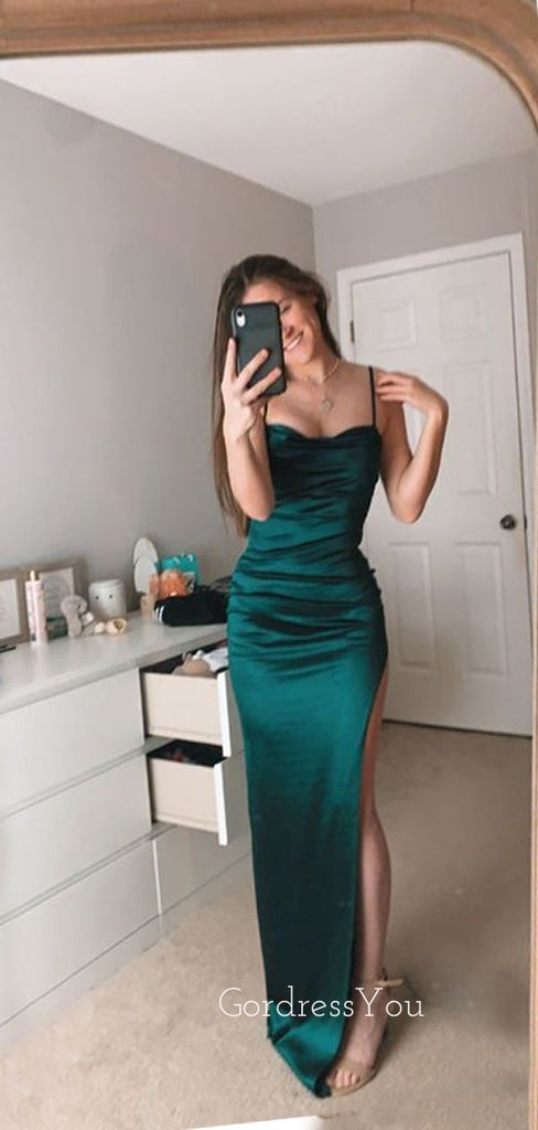 Spaghetti Straps Dark Green Satin Long Evening Prom Dresses, Mermaid High Slit Prom Dress, GR0299