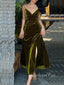 A-line Olive-green Velvet Spaghetti Straps Long Evening Prom Dresses, Cheap V-neck Prom Dress, GR0301