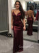 Burgundy Sequins Mermaid V-neck Long Evening Prom Dresses, Custom Spaghetti Straps Prom Dress, GR0304