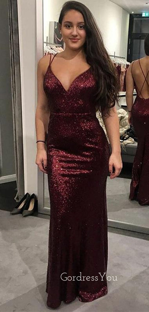 Burgundy Sequins Mermaid V-neck Long Evening Prom Dresses, Custom Spaghetti Straps Prom Dress, GR0304