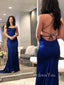 Sexy Backless Blue Satin Mermaid Long Custom Evening Prom Dresses, GR0306