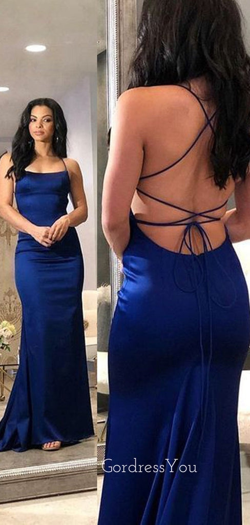 Sexy Backless Blue Satin Mermaid Long Custom Evening Prom Dresses, GR0306