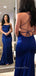 Sexy Backless Blue Satin Mermaid Long Custom Evening Prom Dresses, GR0306