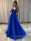 Royal Blue Tulle Appliques Spaghetti Straps Long Evening Prom Dresses, Cheap A-line Prom Dress, GR0307