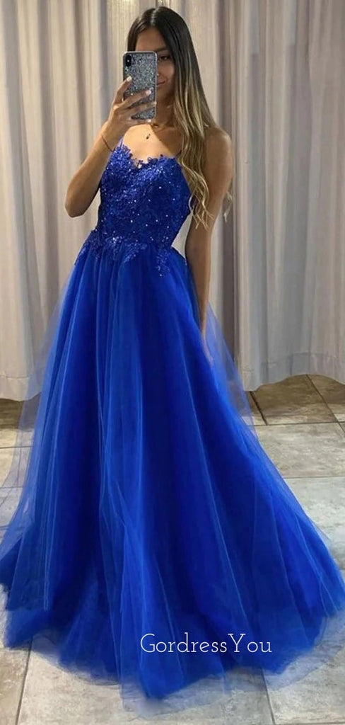 Royal Blue Tulle Appliques Spaghetti Straps Long Evening Prom Dresses, Cheap A-line Prom Dress, GR0307