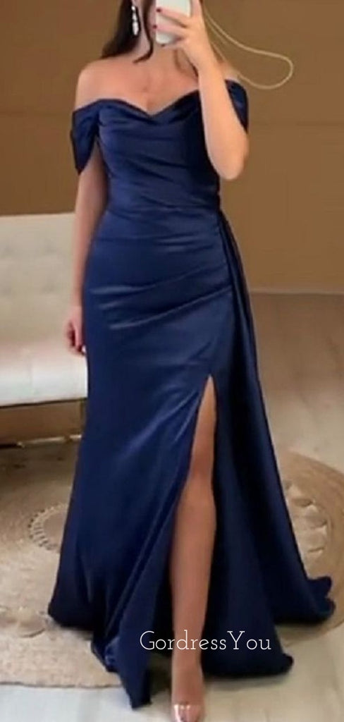 Navy Blue Satin Mermaid Side Slit Long Evening Prom Dresses, Cheap Off Shoulder Prom Dress, GR0312